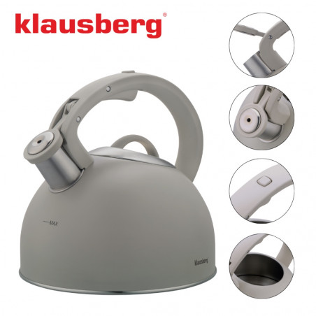 Свирещ чайник Klausberg KB 7912, 2.5 л, Дръжка с дървесен ефект, Индукция, Светлосив