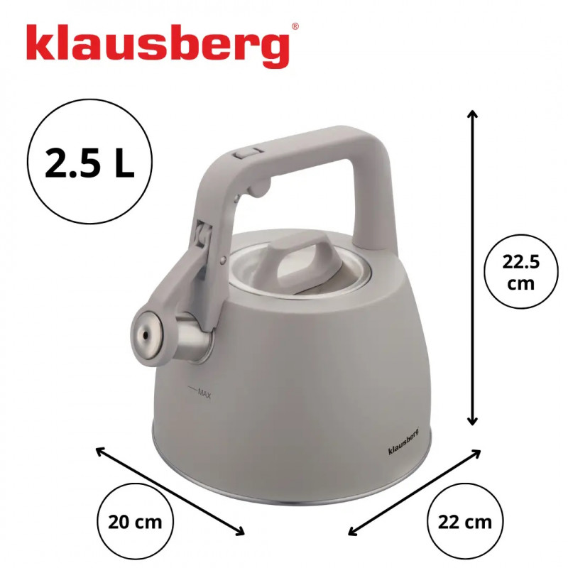 Свирещ чайник Klausberg KB 7916, 2.5 л, Топлоизолирана дръжка, Индукция, Инокс