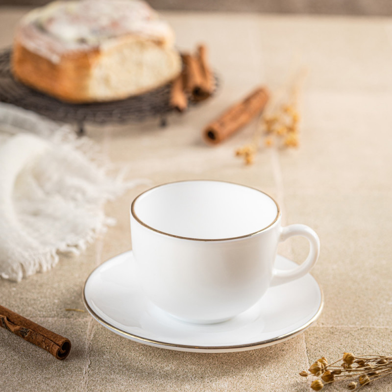 Комплект чаши с чинийки Klausberg KH 1929, 12 бр, 210 мл, Опал, Бял/златист