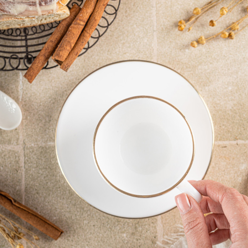 Комплект чаши с чинийки Klausberg KH 1929, 12 бр, 210 мл, Опал, Бял/златист