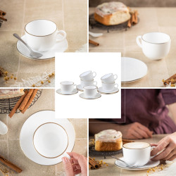 Комплект чаши с чинийки Klausberg KH 1929, 12 бр, 210 мл, Опал, Бял/златист