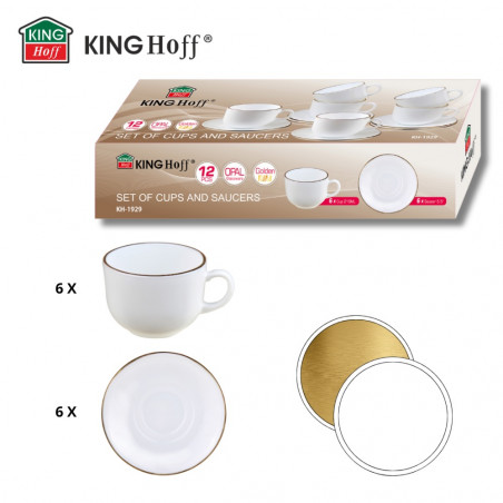 Комплект чаши с чинийки Klausberg KH 1929, 12 бр, 210 мл, Опал, Бял/златист