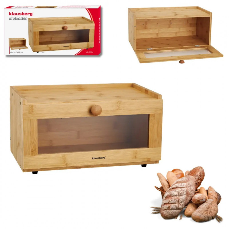 Кутия за хляб Klausberg KB 7924, 40 см, Акрилна предна част, Бамбук, Кафяв