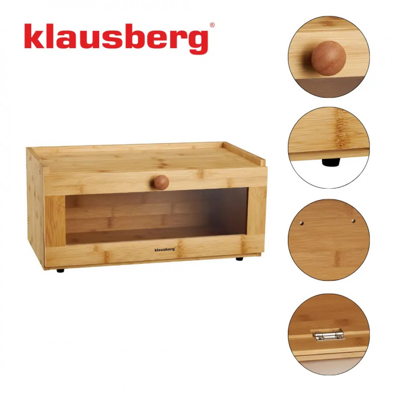Кутия за хляб Klausberg KB 7924, 40 см, Акрилна предна част, Бамбук, Кафяв