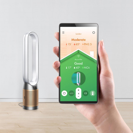 Пречиствател на въздух 3в1 Dyson PC2 De-NOx TP12 Wh/Gd, Охладител, Отоплител, 40W, До 40 м2, 10 скорости, Осцилация, HEPA+К-Carbon, Wi-Fi, LCD, Гласово управление, Бял/златист