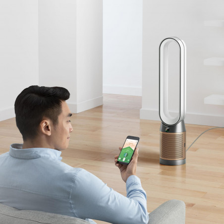 Пречиствател на въздух 3в1 Dyson PC2 De-NOx TP12 Wh/Gd, Охладител, Отоплител, 40W, До 40 м2, 10 скорости, Осцилация, HEPA+К-Carbon, Wi-Fi, LCD, Гласово управление, Бял/златист