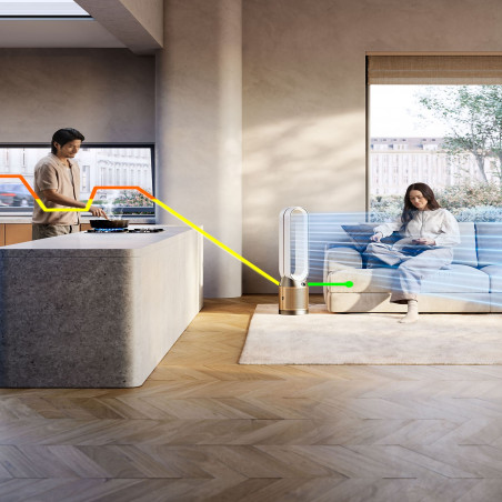 Пречиствател на въздух 3в1 Dyson Cool Formaldehyde™ TP09, Отоплител, Охладител, 40W, До 40 м2, 10 скорости, Осцилация, HEPA, Wi-Fi, LCD, Гласово управление, Бял/златист