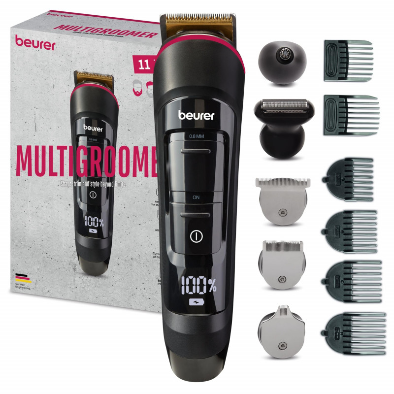 Мултифункционална машинка за подстригване Beurer MN9X, 800 mAh, До 90 мин, LED, IPX7, 11 приставки, Бързо зареждане, Черен