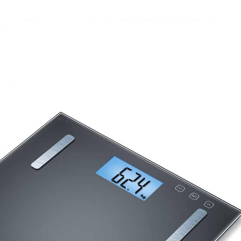 Кантар Beurer BF 180, 180 кг, Индекс на телесна мазнина, До 10 запаметявания, LED дисплей, Закалено стъкло, Черен