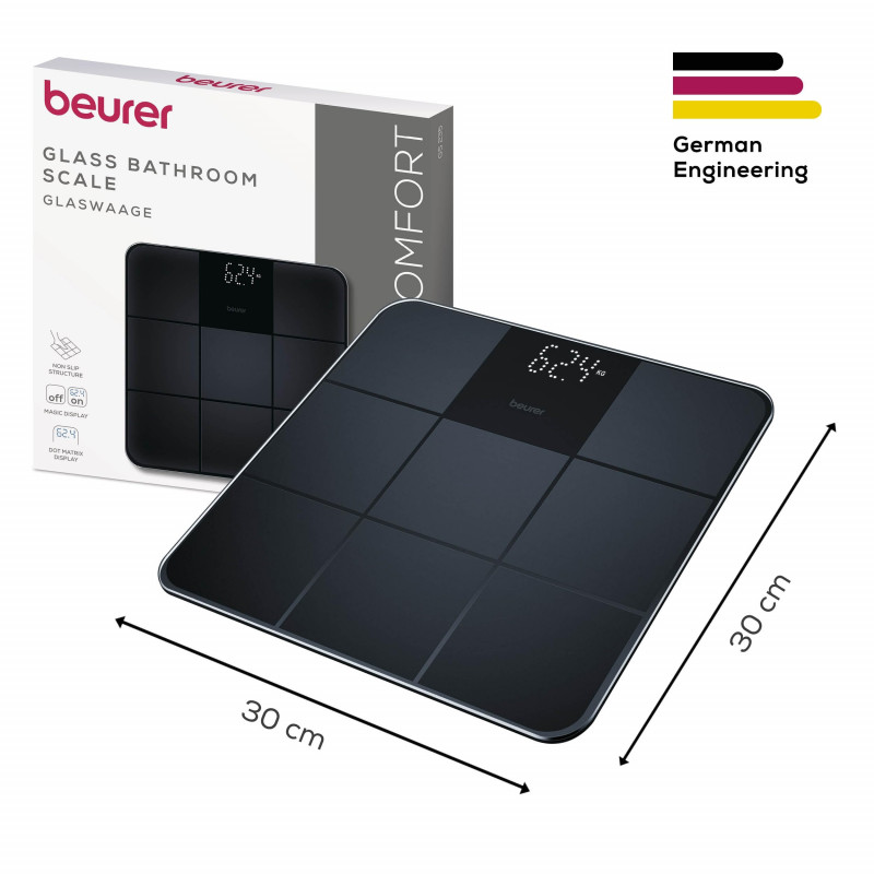 Кантар Beurer GS 235, До 180 кг, Големи цифри, Закалено стъкло, Magic LED, Неплъзгаща повърхност, Черен