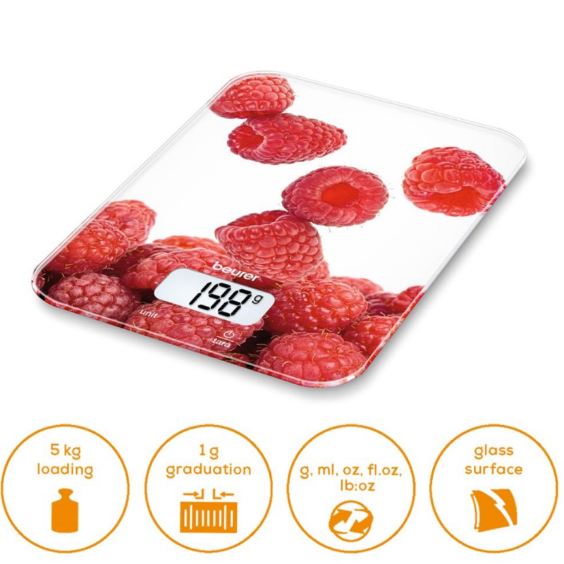Кухненска везна Beurer KS 19 Berry, До 5 кг, ТАРА, Сензорно управление, LCD, Стъкло, Ултратънка, Червен