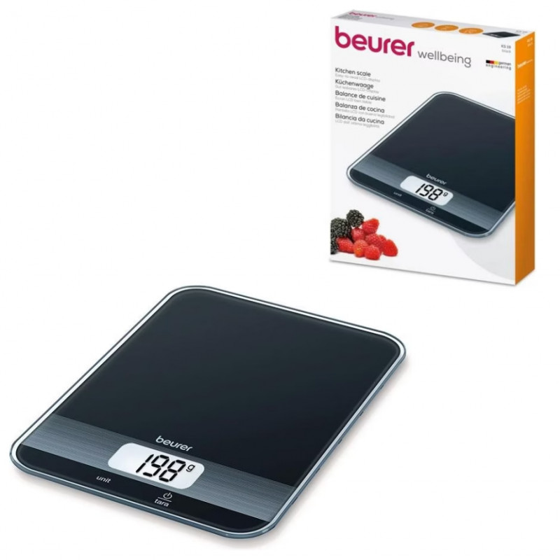 Кухненска везна Beurer KS 19 Black, До 5 кг, ТАРА, Сензорно управление, LCD, Стъкло, Ултратънка, Черен