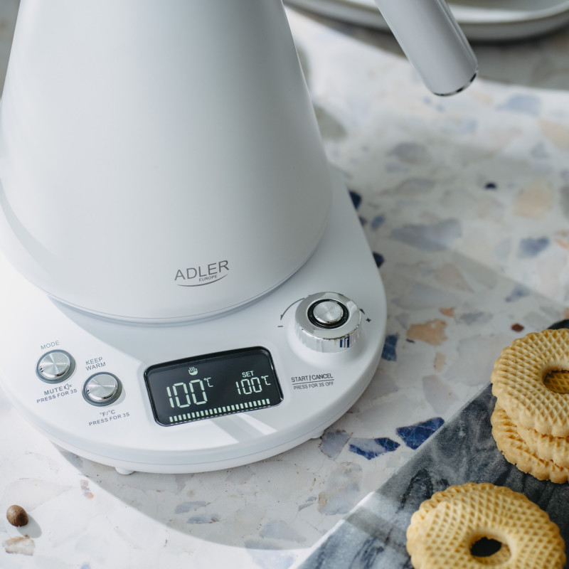 Електрическа кана Adler AD 1349W, 1100W, 1 л, 40-100 C, Поддържане на топлината, LED дисплей, Бял