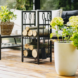 Стойка за дърва за огрев с инструменти Adler AD 6815, До 80 кг, Два рафта, Стоманена конструкция, Черен