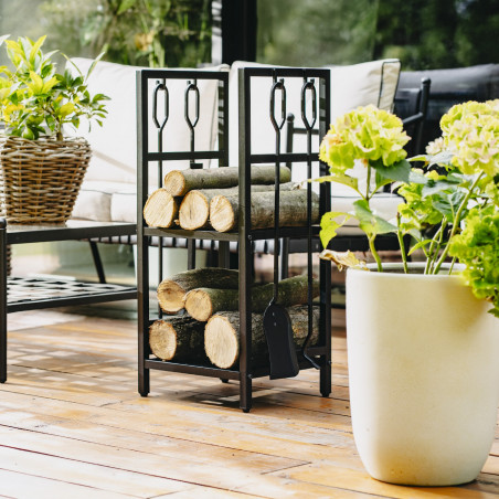 Стойка за дърва за огрев с инструменти Adler AD 6815, До 80 кг, Два рафта, Стоманена конструкция, Черен