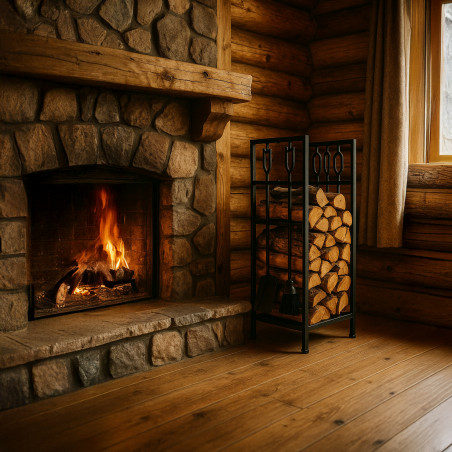 Стойка за дърва за огрев с инструменти Adler AD 6815, До 80 кг, Два рафта, Стоманена конструкция, Черен