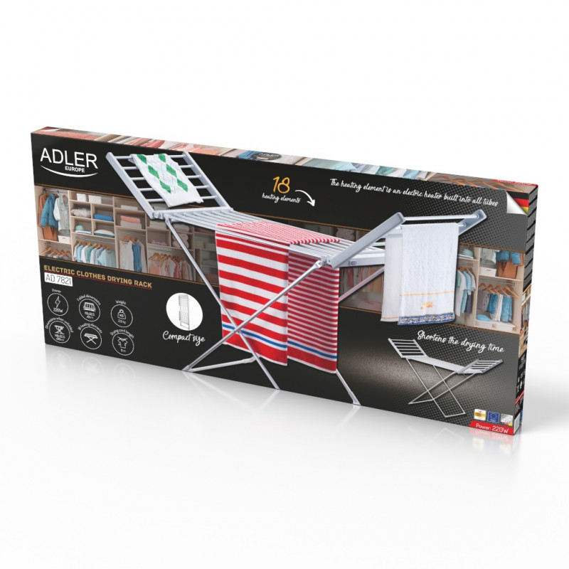 Електрически сушилник за дрехи Adler AD 7821, 220W, 18 нагревателни елемента, IP22, Бял