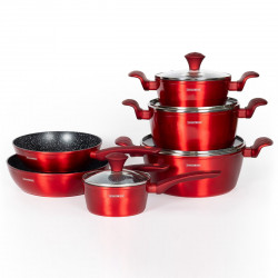 Комплект тенджери и тигани Royalty Line FD10, 10 части, Лят алуминий, Greblon мраморно покритие, Индукция, Червен
