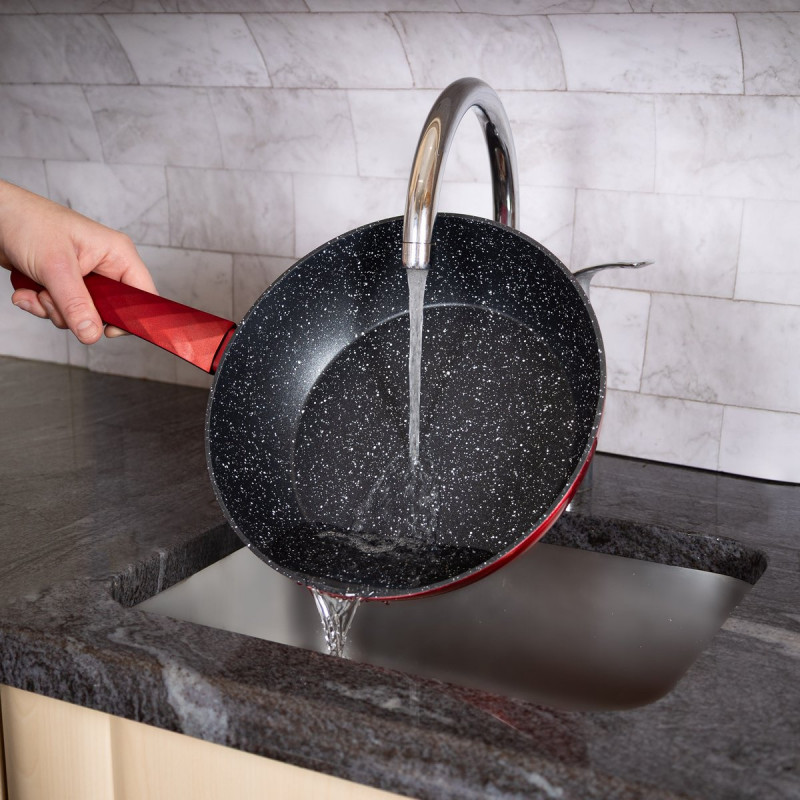 Комплект тенджери и тигани Royalty Line FD10, 10 части, Лят алуминий, Greblon мраморно покритие, Индукция, Червен