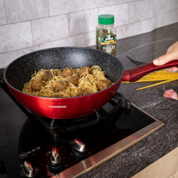 Комплект тенджери и тигани Royalty Line FD10, 10 части, Лят алуминий, Greblon мраморно покритие, Индукция, Червен