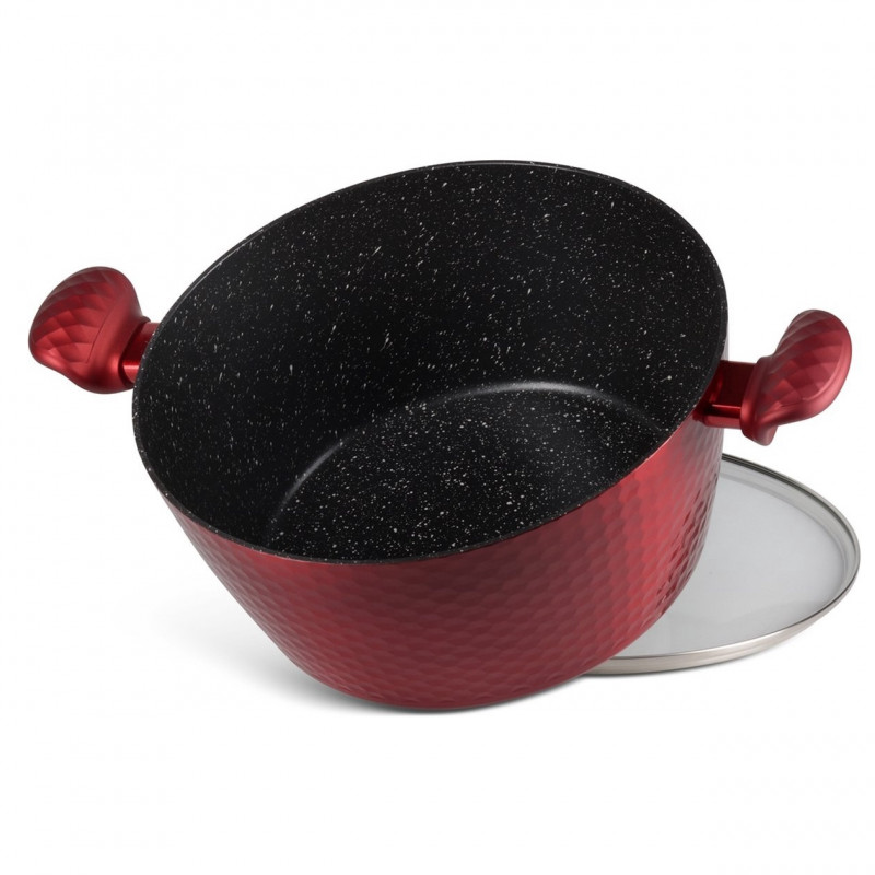 Комплект тенджери и тигани Royalty Line FD10, 10 части, Лят алуминий, Greblon мраморно покритие, Индукция, Червен