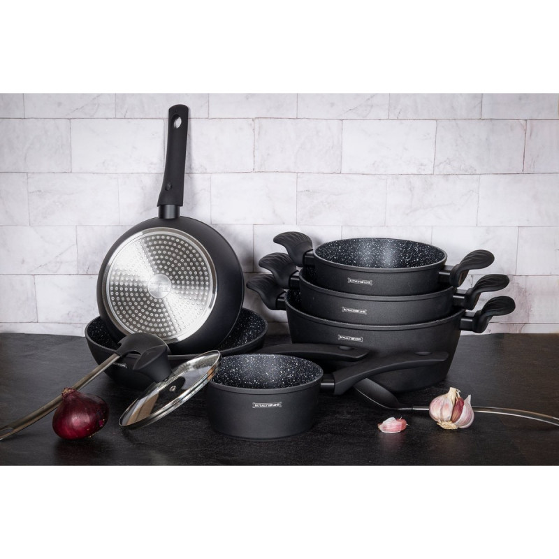 Комплект тенджери и тигани Royalty Line FD10, 10 части, Лят алуминий, Greblon мраморно покритие, Индукция, Черен