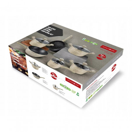 Комплект тенджери и тигани Royalty Line FD10, 10 части, Лят алуминий, Greblon мраморно покритие, Индукция, Бежов