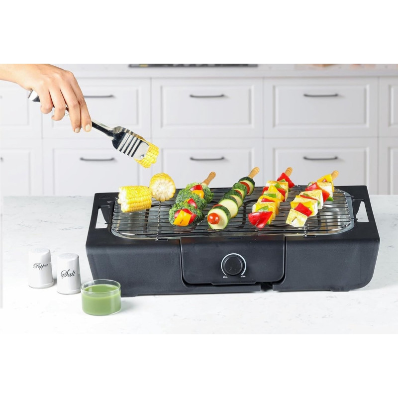 Електрическа скара Royalty Line RL-SBGT2000, 2000W, 38х28 см, Сгъваема стойка, 200C, Термостат, Тава за отцеждане, Черен