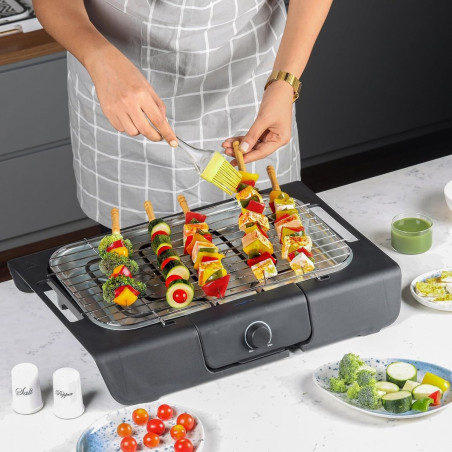 Електрическа скара Royalty Line RL-SBGT2000, 2000W, 38х28 см, Сгъваема стойка, 200C, Термостат, Тава за отцеждане, Черен