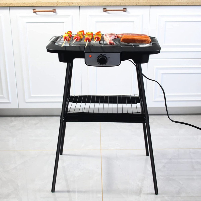 Електрическа скара Royalty Line RL-SBGT2000, 2000W, 38х28 см, Сгъваема стойка, 200C, Термостат, Тава за отцеждане, Черен