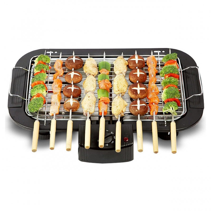 Електрическа скара Royalty Line RL-SBGT2000, 2000W, 38х28 см, Сгъваема стойка, 200C, Термостат, Тава за отцеждане, Черен