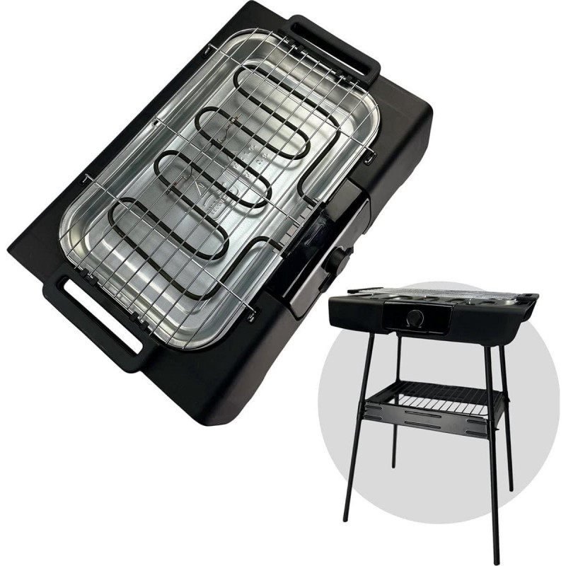 Електрическа скара Royalty Line RL-SBGT2000, 2000W, 38х28 см, Сгъваема стойка, 200C, Термостат, Тава за отцеждане, Черен