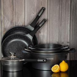 Комплект тенджери и тигани Royalty Line RL-ES1014M Silver, Лят алуминий, 14 части, Мраморно покритие, Сребрист