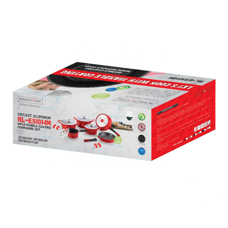 Комплект тенджери и тигани Royalty Line RL-ES1014M Silver, Лят алуминий, 14 части, Мраморно покритие, Сребрист