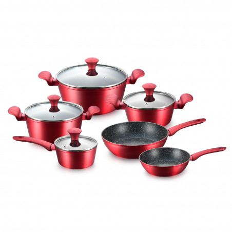 Комплект тенджери и тигани Royalty Line FD10, 10 части, Лят алуминий, Greblon мраморно покритие, Индукция, Червен