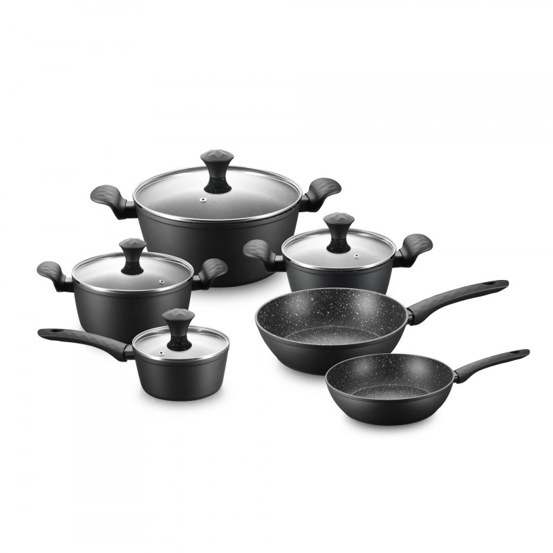 Комплект тенджери и тигани Royalty Line FD10, 10 части, Лят алуминий, Greblon мраморно покритие, Индукция, Черен