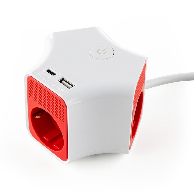 Разклонител с ключ Muhler 1006118, 3680W, 3 гнезда, 2 X USB А+C, 16A, IP20, Бял/оранжев