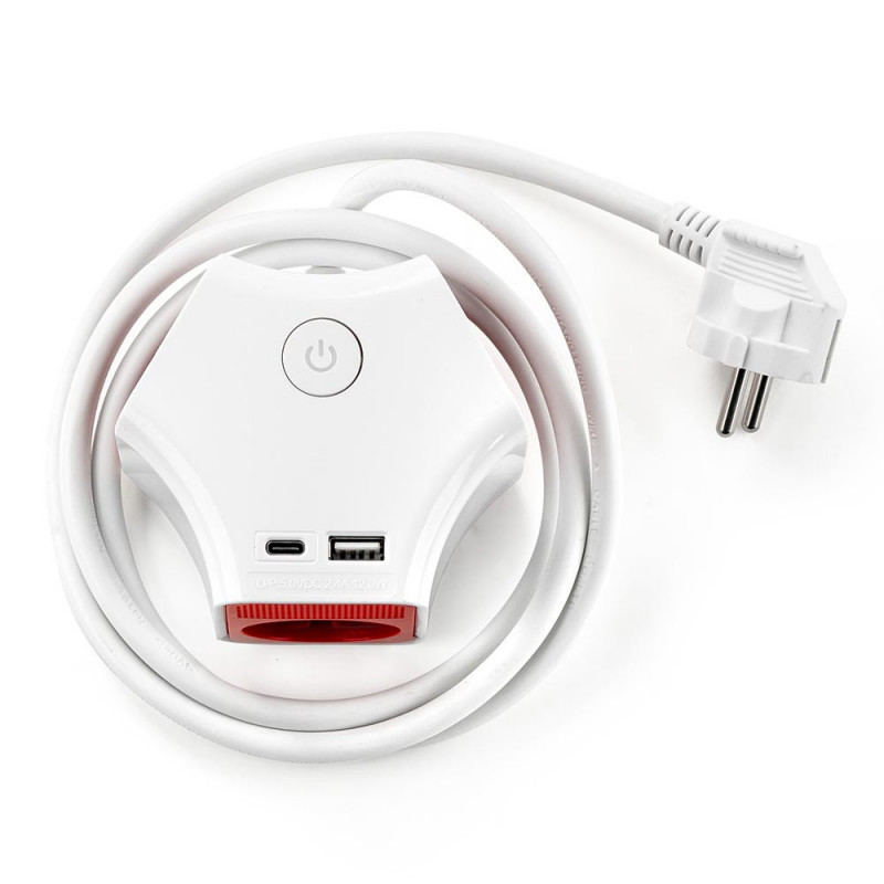 Разклонител с ключ Muhler 1006118, 3680W, 3 гнезда, 2 X USB А+C, 16A, IP20, Бял/оранжев