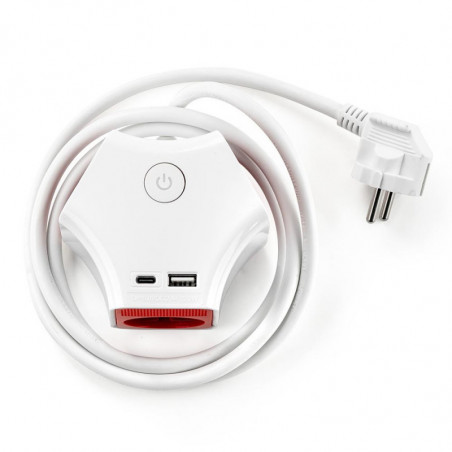 Разклонител с ключ Muhler 1006118, 3680W, 3 гнезда, 2 X USB А+C, 16A, IP20, Бял/оранжев