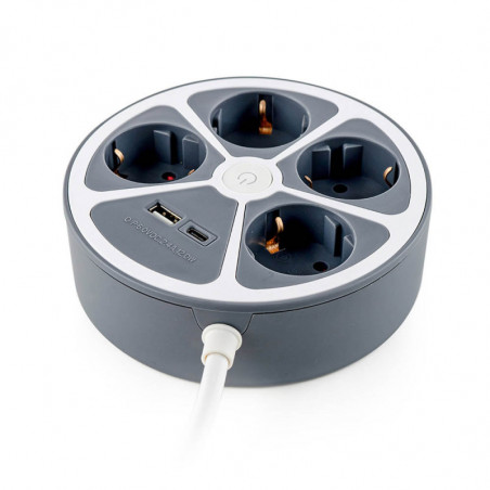 Раклонител Muhler 1006119, 3680 W, 4 гнезда, 2x USB A&C, 1.4 м, IP20, Детска защита, Сив/бял