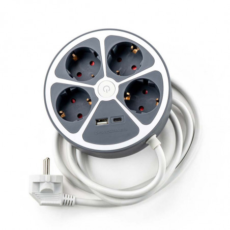 Раклонител Muhler 1006119, 3680 W, 4 гнезда, 2x USB A&C, 1.4 м, IP20, Детска защита, Сив/бял