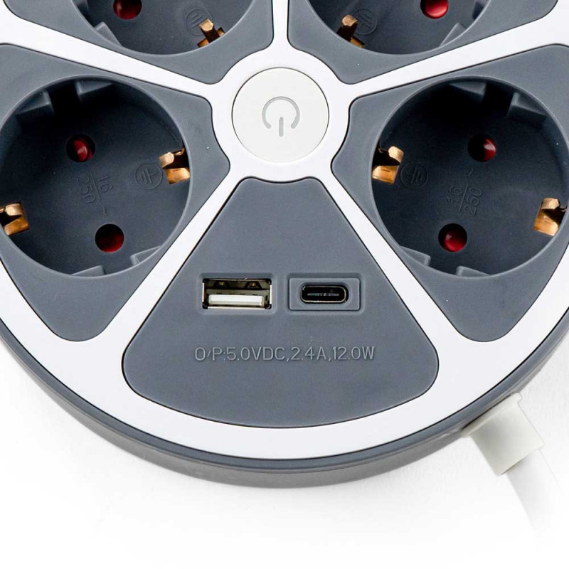 Раклонител Muhler 1006119, 3680 W, 4 гнезда, 2x USB A&C, 1.4 м, IP20, Детска защита, Сив/бял
