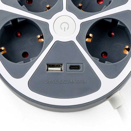 Раклонител Muhler 1006119, 3680 W, 4 гнезда, 2x USB A&C, 1.4 м, IP20, Детска защита, Сив/бял