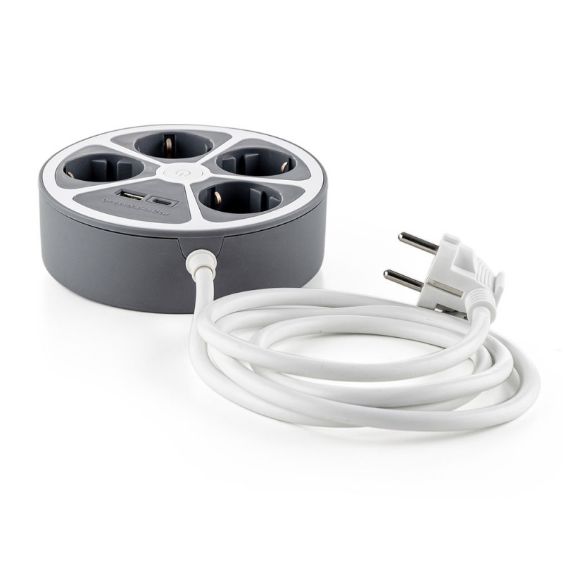 Раклонител Muhler 1006119, 3680 W, 4 гнезда, 2x USB A&C, 1.4 м, IP20, Детска защита, Сив/бял