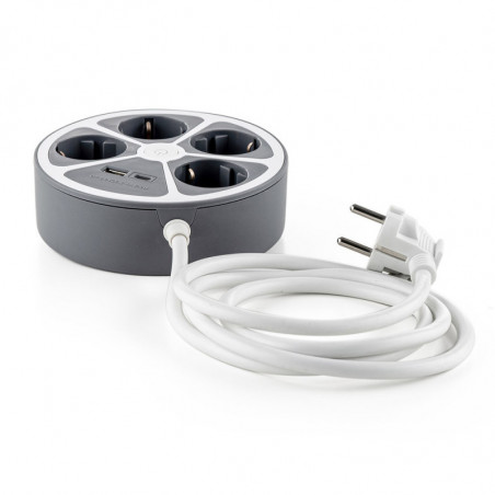 Раклонител Muhler 1006119, 3680 W, 4 гнезда, 2x USB A&C, 1.4 м, IP20, Детска защита, Сив/бял