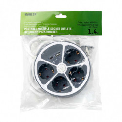 Раклонител Muhler 1006119, 3680 W, 4 гнезда, 2x USB A&C, 1.4 м, IP20, Детска защита, Сив/бял