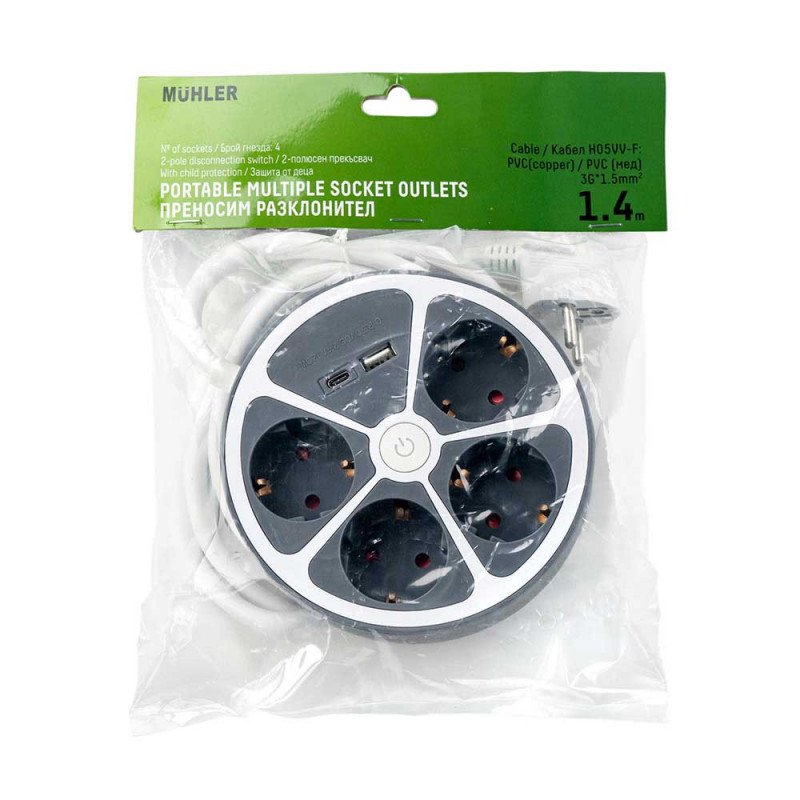 Раклонител Muhler 1006119, 3680 W, 4 гнезда, 2x USB A&C, 1.4 м, IP20, Детска защита, Сив/бял