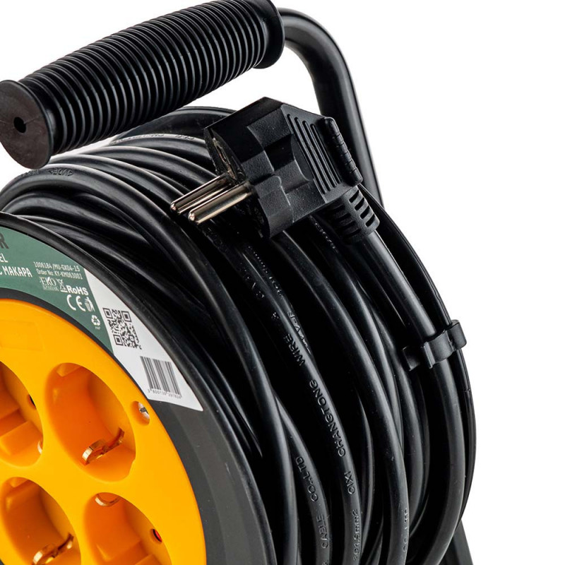 Удължител с макара Muhler 1006184, 3200W, 4 гнезда, 15 м, H05VV-F, IP20, Детска защита, Черен