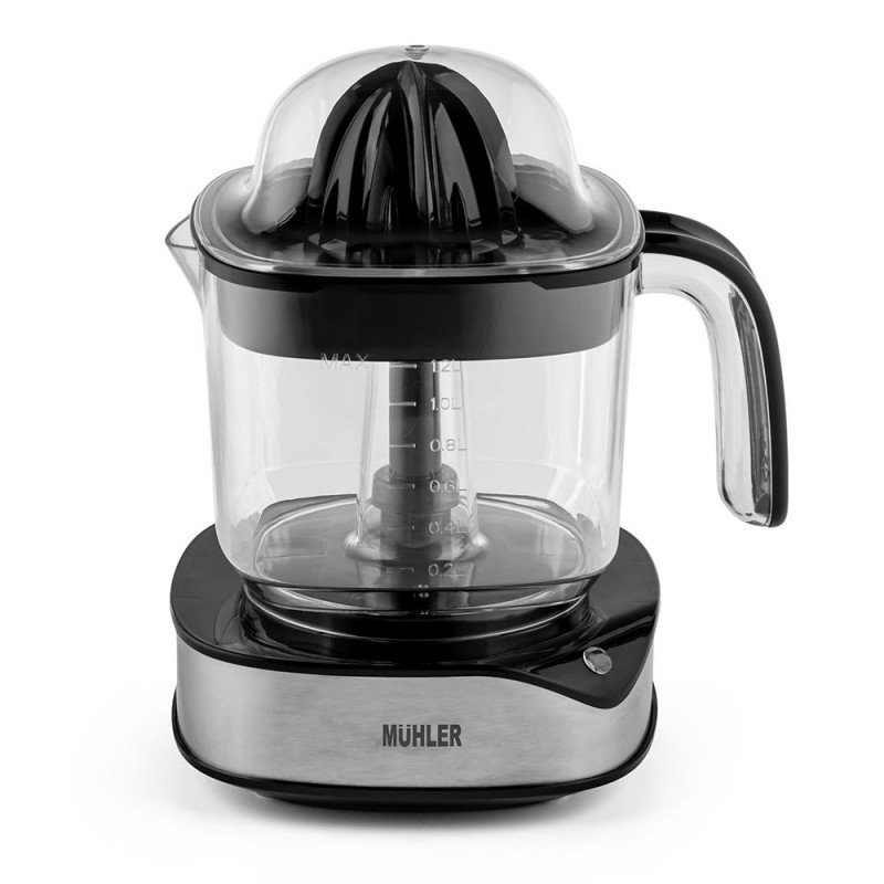 Цитрус преса Muhler MJ-4020, 40 W, 1.2 л, Двупосочно движение, Индикаторна лампа, 2 конуса, Черен/Инокс