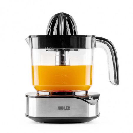 Цитрус преса Muhler MJ-4020, 40 W, 1.2 л, Двупосочно движение, Индикаторна лампа, 2 конуса, Черен/Инокс